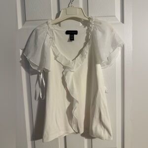 Cable & Gauge White Ruffle V-Neck Blouse with Sheer Flutter Sleeves